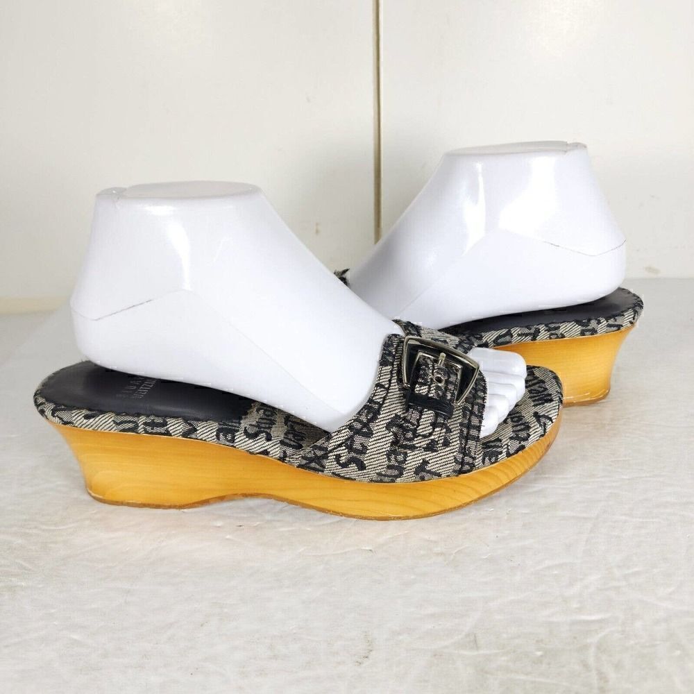 Stuart Weitzman Women's US 7,5B Graffiti Logo Buckle Wooden Heel Wedge Sandals - Picture 8 of 14